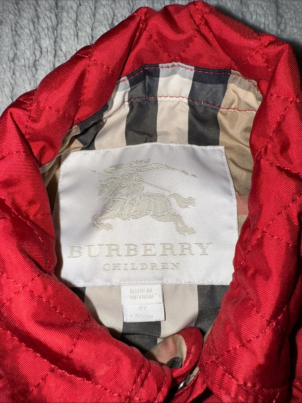 Burberry Red Quilted Kids Puffer Jacket with Check Trim